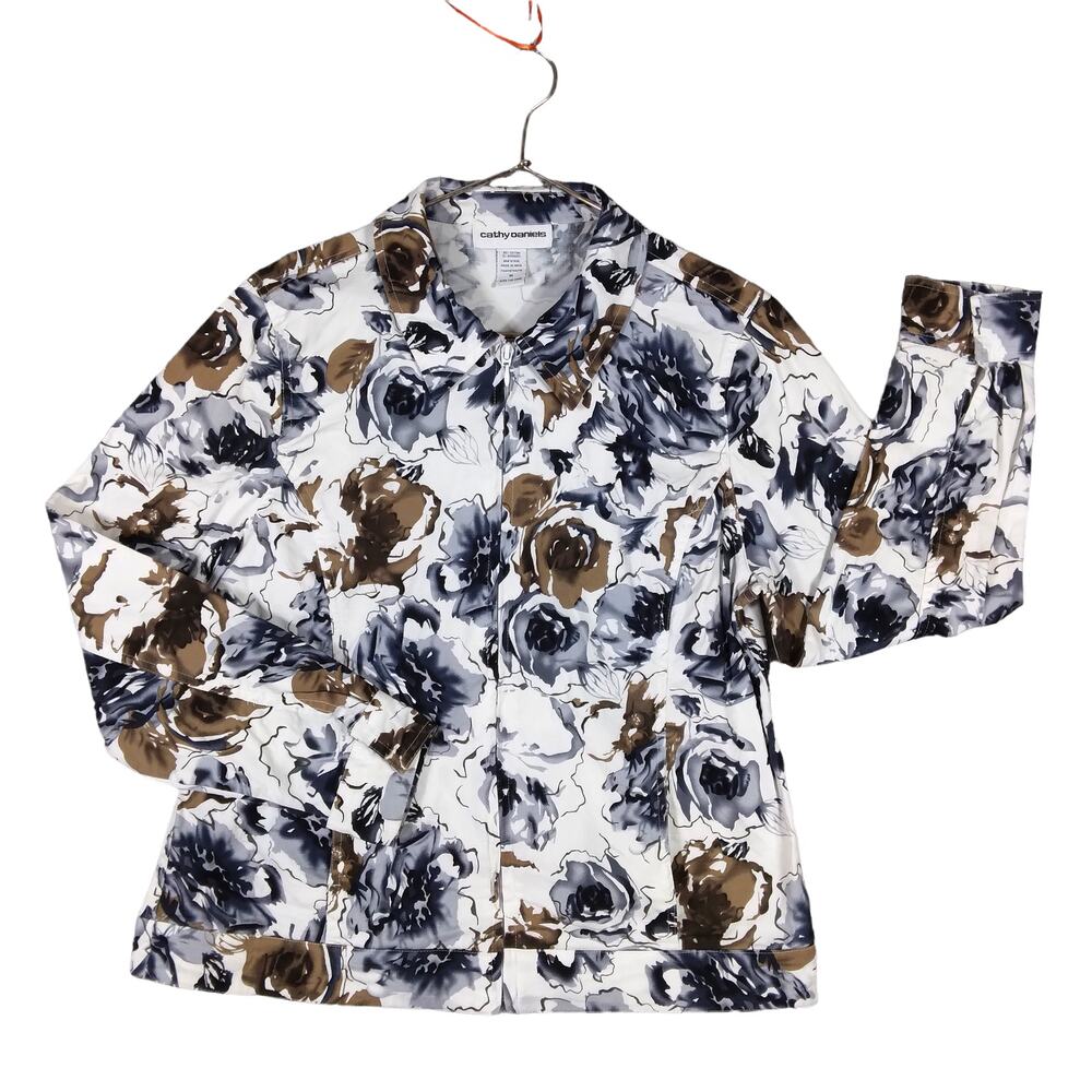 Cathy Daniels Blazer Size Medium Gray Brown Floral Print Full Zipper